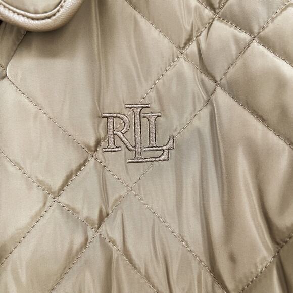 Lauren Ralph Lauren Quilted Jacket Women Large Logo Tan Puffer Faux Leather Trim - Picture 3 of 10